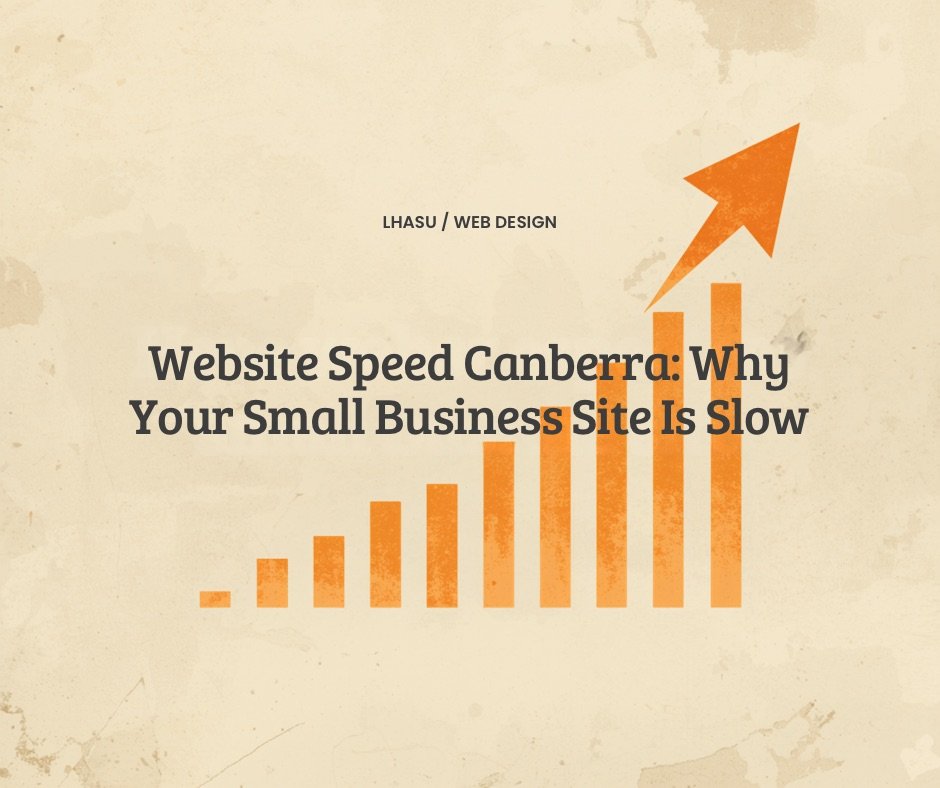 Editorial graphic in Lhasu's cream and burnt-orange brand style showing an ascending bar chart with an upward arrow, labeled "LHASU / WEB DESIGN," with the headline "Website Speed Canberra: Why Your Small Business Site Is Slow"